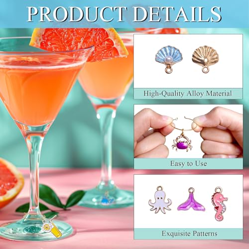 Beach Themed Wine Glass Charms Set - 20 Summer Beach Pattern Drink Markers