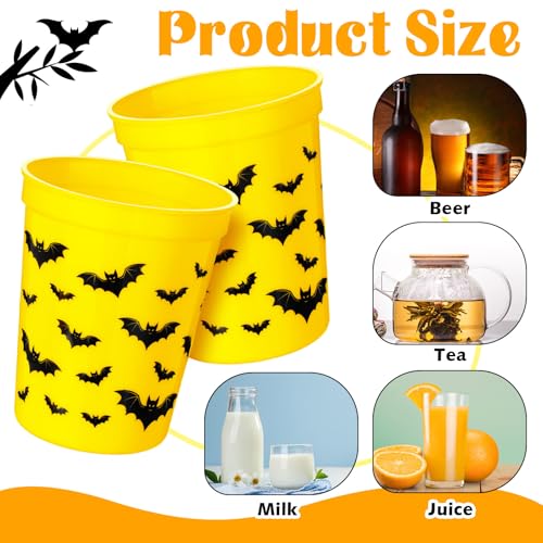 16 oz Bat Party Cups Set - Black and Yellow Plastic Drinking Cups for Birthday & Themed Parties