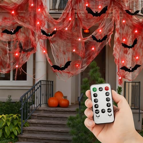 Halloween Hanging Bat Decorations with LED Lights and Creepy Cloth - Red, 24 pcs