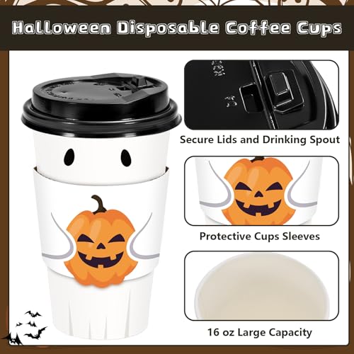 White 16 Oz Halloween Disposable Coffee Cups with Lids, Bat & Pumpkin Sleeves - 60 Set