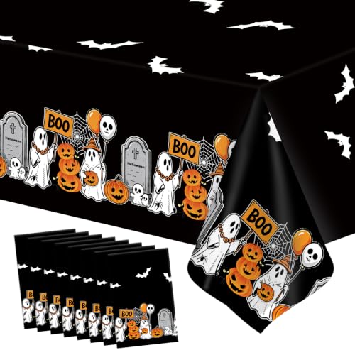 Disposable Halloween Tablecloth Set - Black Ghost Pumpkin Pattern, 8 Pack