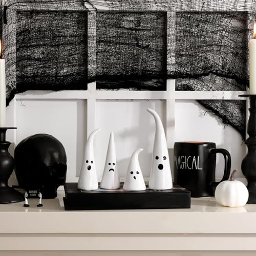 Halloween Ghost Figurines Set - Ceramic Rustic Indoor Decor, 4 Pieces