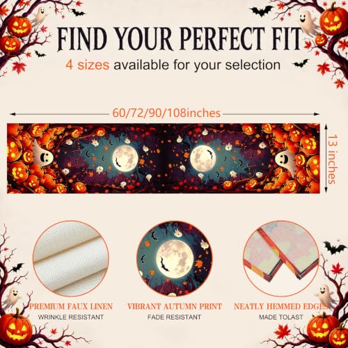 Halloween Table Runner 13x72 Inches with Pumpkins and Ghosts - Fall Autumn Decor
