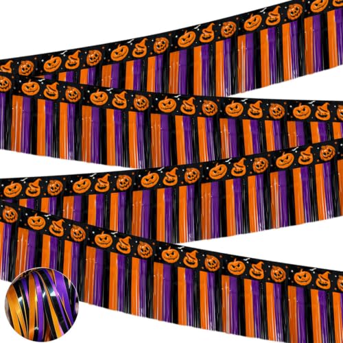 Halloween Banner Decorations with Pumpkin Foil Fringe Tinsel Streamers - 4 Pack