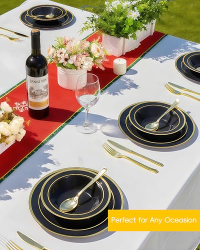 200 Pack Black Disposable Bowls with Gold Rim - Heavy Duty Party & Catering Serveware