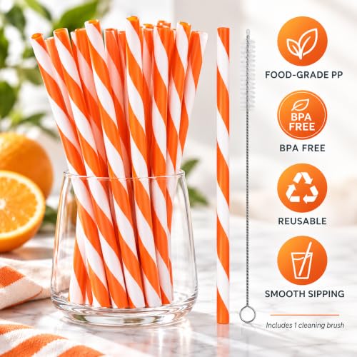 Orange Reusable Plastic Straws - 50 Pack, Wide Stripe, 9 Inch, BPA Free