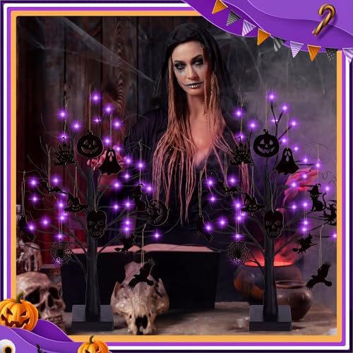 Black Halloween Tree with Lights - Indoor 24 Inch Decor with Ornaments & USB or Battery Power