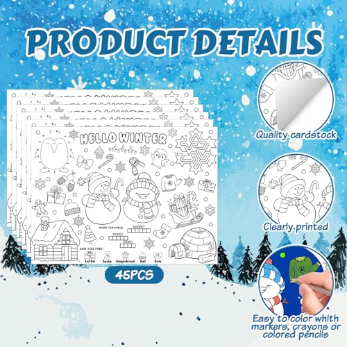 Winter Coloring Placemats for Kids - 45pcs Holiday Printable Table Mats