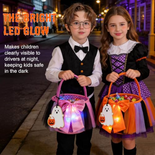 Pink LED Trick or Treat Basket with Bowknot Tulle Skirt - Collapsible Reusable Halloween Candy Bag for Girls