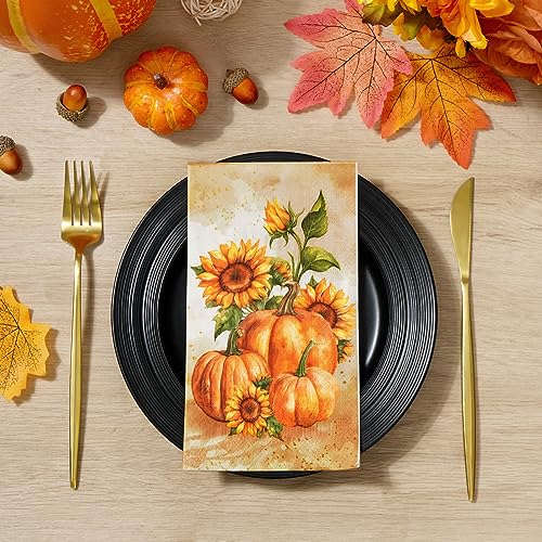 Thanksgiving Fall Paper Napkins - Vintage Pumpkin & Sunflower Design, 100 Pack