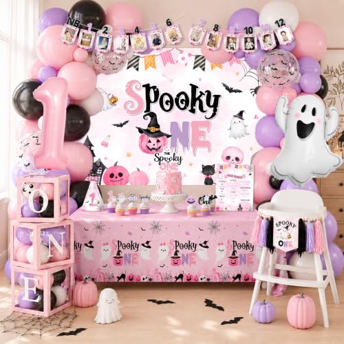 Pink Halloween Birthday Decorations Kit for Girl, 1st Birthday Party Supplies with Backdrop, Balloons, Cake Toppers & More