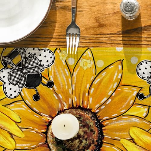 Yellow Sunflower Bee Flower Polka Dot Summer Table Runner 13x72 Inch - Home Decor