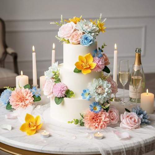 Artificial Flowers Combo - Pink, Blue, Yellow Silk Roses & Dahlias for DIY Bouquets & Decor