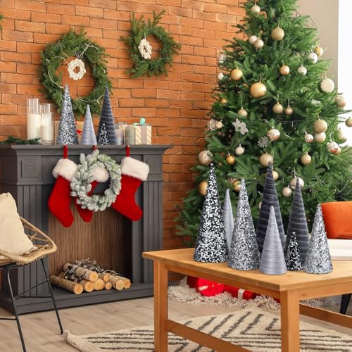 Ireer 12 Pcs Silver Gray Christmas Cone Trees Velvet Tree Decor - Sequin Variant
