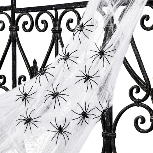 Halloween Spider Web Decor with 100 Fake Spiders - Stretchable & Reusable