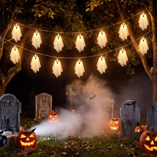 Halloween Ghost String Lights with 3D Bat Decorations - 9 ft Indoor Outdoor Decor