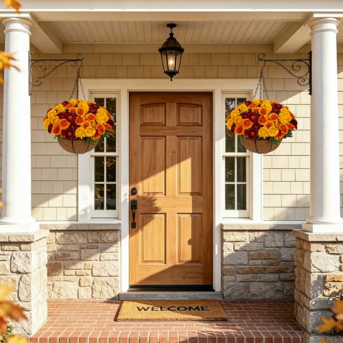 8-Inch Autumn Hanging Basket with Burgundy, Orange & Yellow Daisies - Fall Decor
