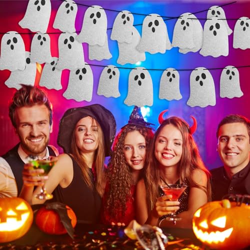 Halloween Ghost Banner Decorations - 3 Pack White Glitter Hanging Spooky Party Garland - Variation: Ghost