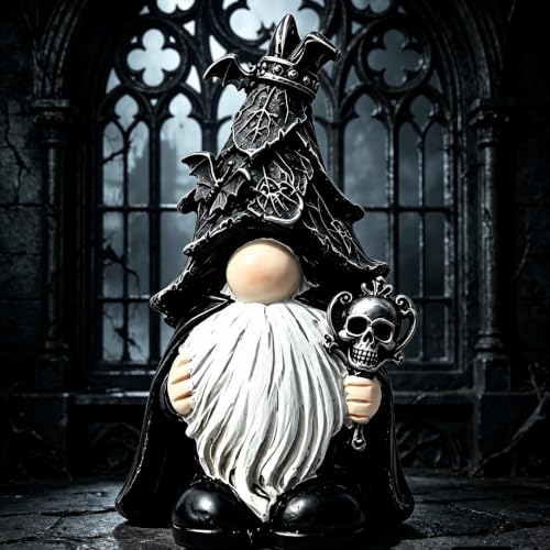 Dark Academia Gothic Garden Gnome Statue with Skull Variation - Black Resin Witch Decor