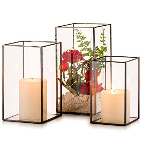 Glass Hurricane Candle Holders Set - Black Metal Rectangular Vases, 3 Sizes, 9.5, 8.1 & 6.5 Inch (Variation of THIS listing)