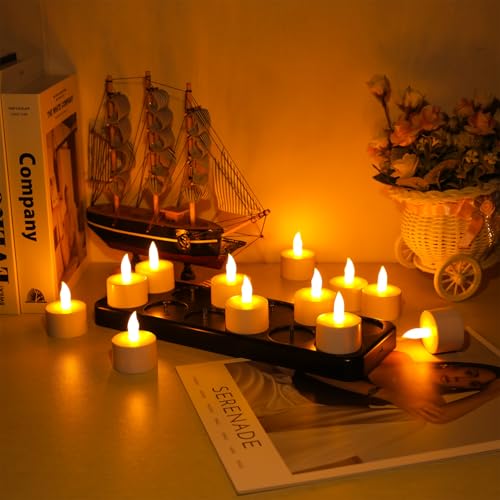 Rechargeable Flameless Tea Light Candles Set - 12 Warm White Flickering LED Candles