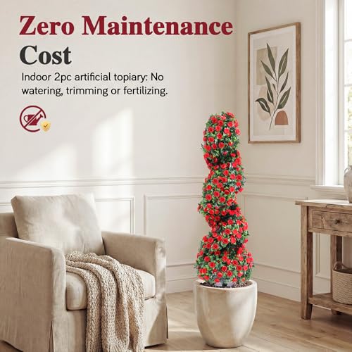 3ft Artificial Topiary Spiral Trees with Roses - Faux Outdoor Bushes Set of 2