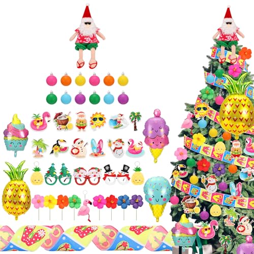 Summer Christmas Tree Ornaments Set - Tropical Hibiscus Pineapple Flamingo & Ice Cream Decorations - Summer Christmas Variation