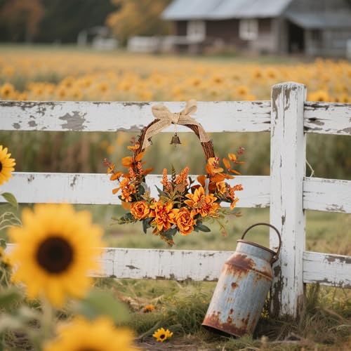 Artificial Fall Wreath with Orange Flowers, Bell & Bow for Front Door - Autumn Decor, Variation: Orange