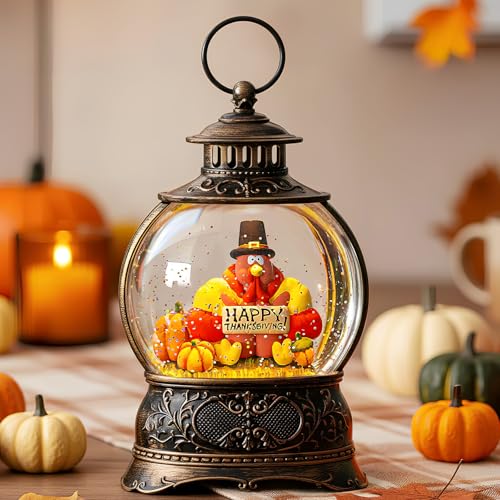 9.85 Inch Fall Decor Snow Globe Lantern with Turkey and Pumpkins - Thanksgiving Table Centerpiece
