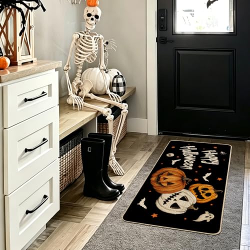 Halloween Ghost Doormat with Pumpkins Bat Welcome Mat 17x36 Inch Non-Slip Indoor Outdoor Seasonal Entryway - Variation: Three Pumpkins 1.5x3 ft