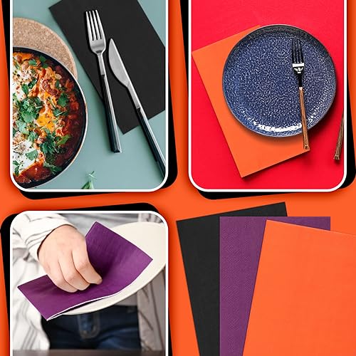 Halloween Disposable Paper Napkins Set - Purple, Orange, Black, 120 Pack with 3 Layers