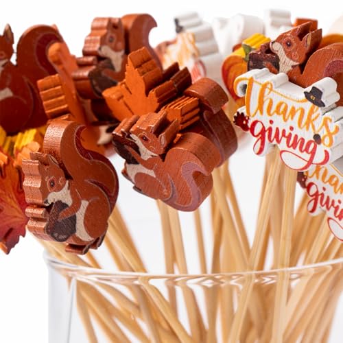 Fall Theme 125 pcs Cocktail Picks - Autumn Thanksgiving Decor, Squirrel Pumpkin Maple Leaf Skewers
