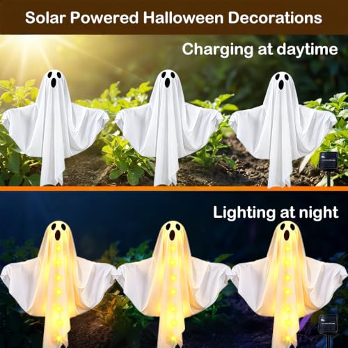 3-Pack Solar Halloween Ghost Pathway Lights with Adjustable Arms - Warm White, Waterproof, 25 Inches Tall