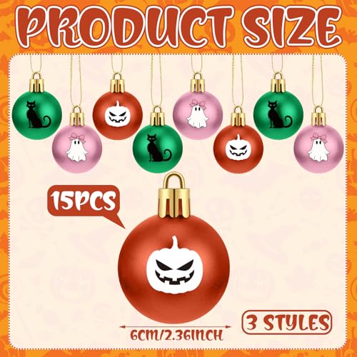Halloween Ball Ornaments Set - 15 Pcs 2.36 Inch Dark Green Pink Orange Decorations