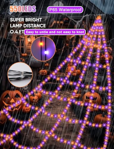 Halloween Web Lights with 550 LEDs & 8 Modes - Outdoor Spider Web Decor, 16.4ft, Waterproof, Timer, No Big Spider
