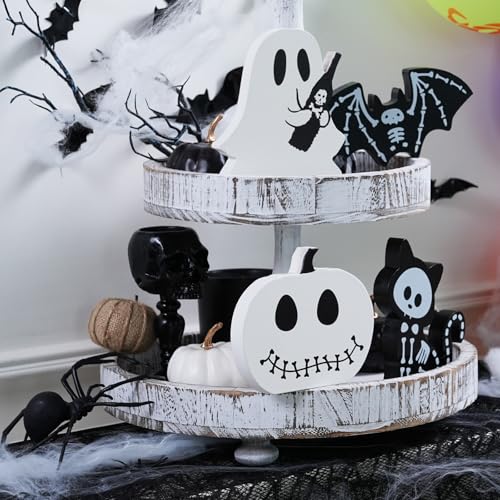 Halloween Wooden Tiered Tray Decorations Set - Ghost Bat Pumpkin Cat Blocks