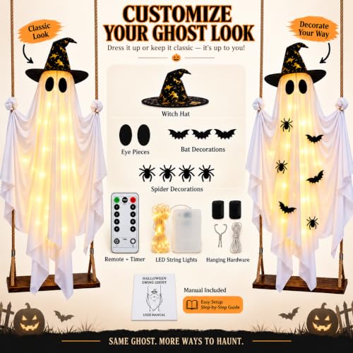 Light Up Halloween Ghost on Swing – 5FT Outdoor Decor with Remote & 8 Modes