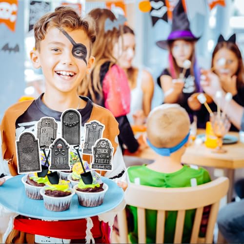 Halloween Tombstone Cupcake Toppers with Mini Shovel Spoons - 48 PCS Graveyard Decor Variation of Tombstones