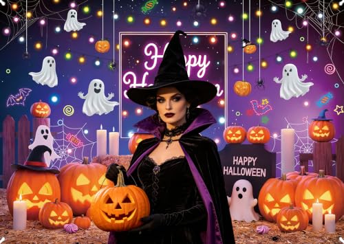 Halloween Neon Backdrop 7x5FT Pumpkin Ghost Banner Photo Booth Decor Kids Party