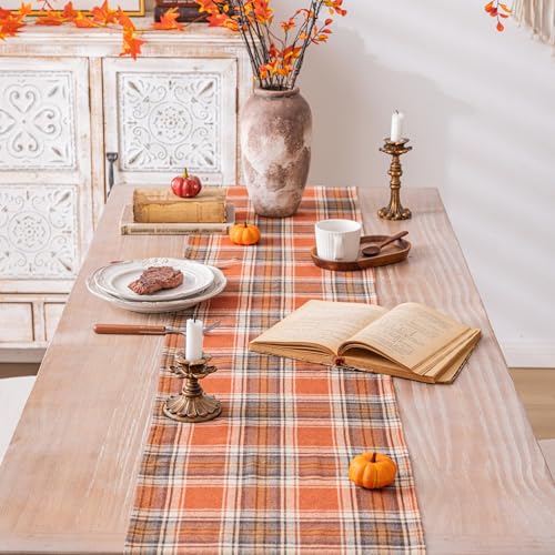 Plaid Fall Thanksgiving Rust Orange Table Runner - 13 x 72 Inches - AQOTHES