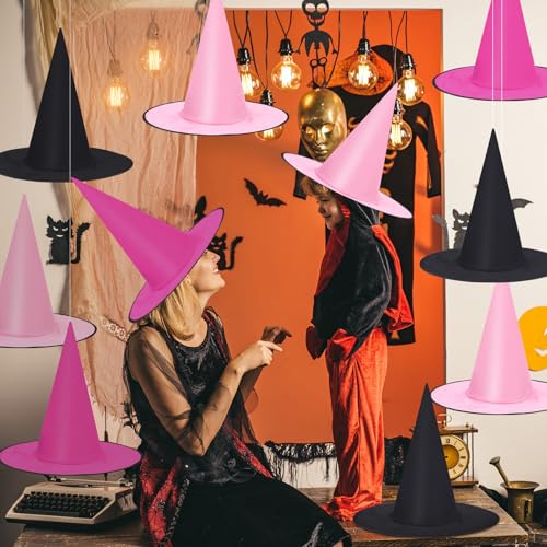 Pink Black Hanging Witch Hats Halloween Decorations - Set of 18