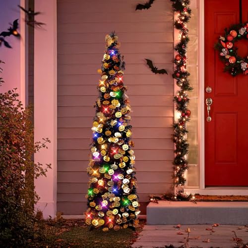 Halloween Tree Decorations with Lights - 5FT Black Purple Collapsible Tinsel Tree with Pumpkins & 8 Lighting Modes