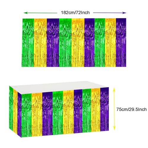 29.5x72 Inch Mardi Gras Metallic Foil Fringe Table Skirts - Green, Gold, Purple, 2 Pack