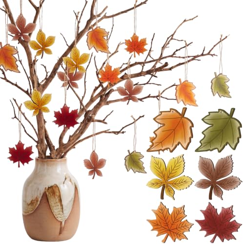 Trendy Fall Wooden Maple Leaf Ornaments for Tree - 24 pcs Halloween Thanksgiving Decor