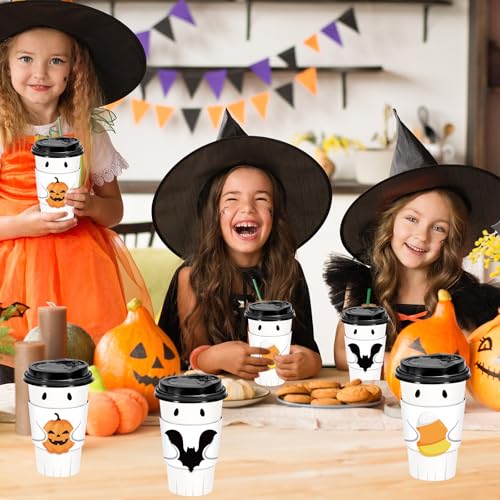White 16 Oz Halloween Disposable Coffee Cups with Lids, Bat & Pumpkin Sleeves - 60 Set
