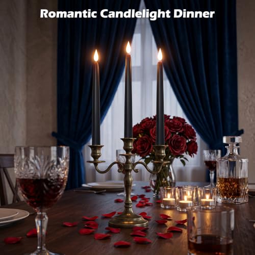 Black Flameless Taper Candles with Remote Timer - 11 Inch Gothic Decor Set of 12