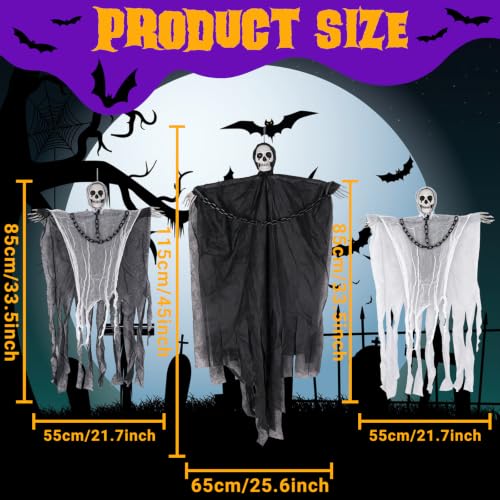 Halloween Hanging Ghosts with Chains - Chain Style Grim Reaper Decorations, 3 Pack