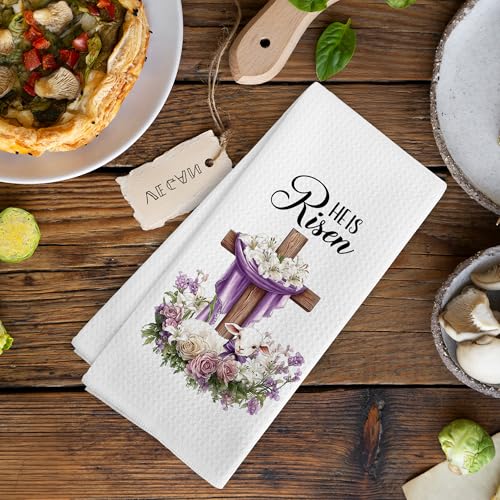 He Is Risen Easter Cross Kitchen Towels - Farmhouse Religious Dish Hand Tea Towels 16x24 Inch - Risen1