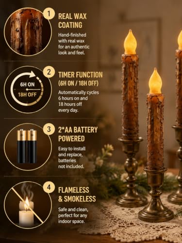 6.5-Inch Real Wax Hand Dipped Primitive Candles with Timer & Drip Effect