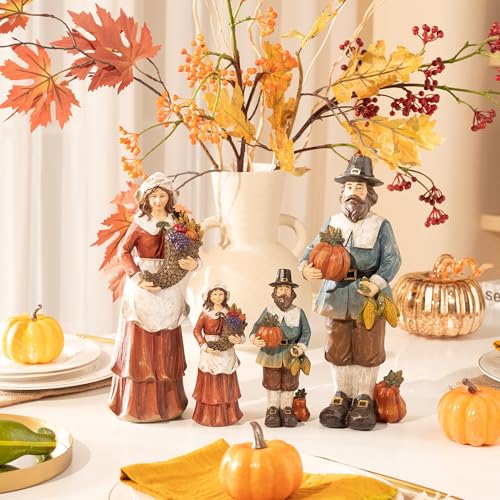 Medium Fall Decor Set - 2 Pcs Pilgrim Figurines for Indoor Outdoor Thanksgiving Autumn Harvest